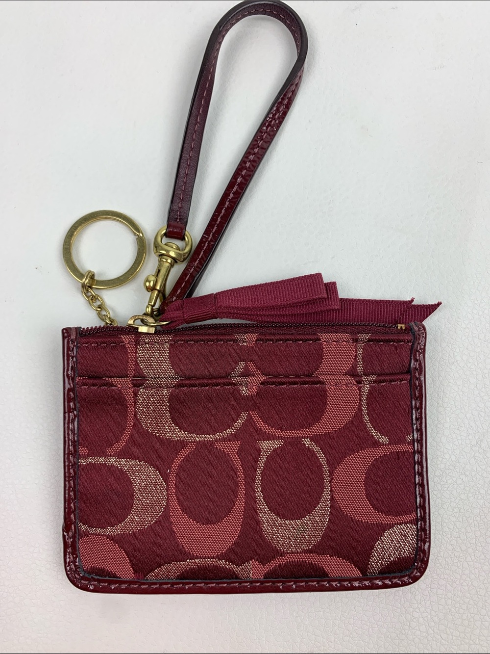Coach Burgundy Signature Wristlet Card Case Keychain Rose Gold Logo Accent NEW